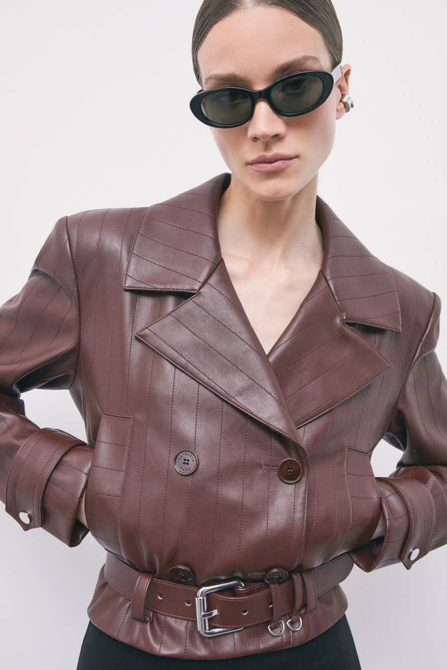 Belted cropped coated jacket, Brown, Patrizia Pepe