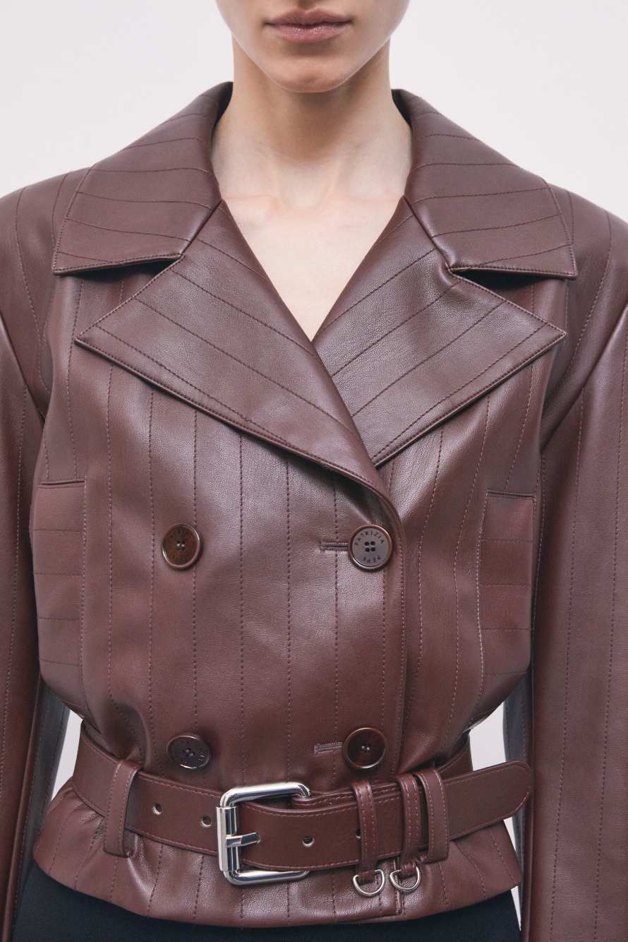 Belted cropped coated jacket, Brown, Patrizia Pepe