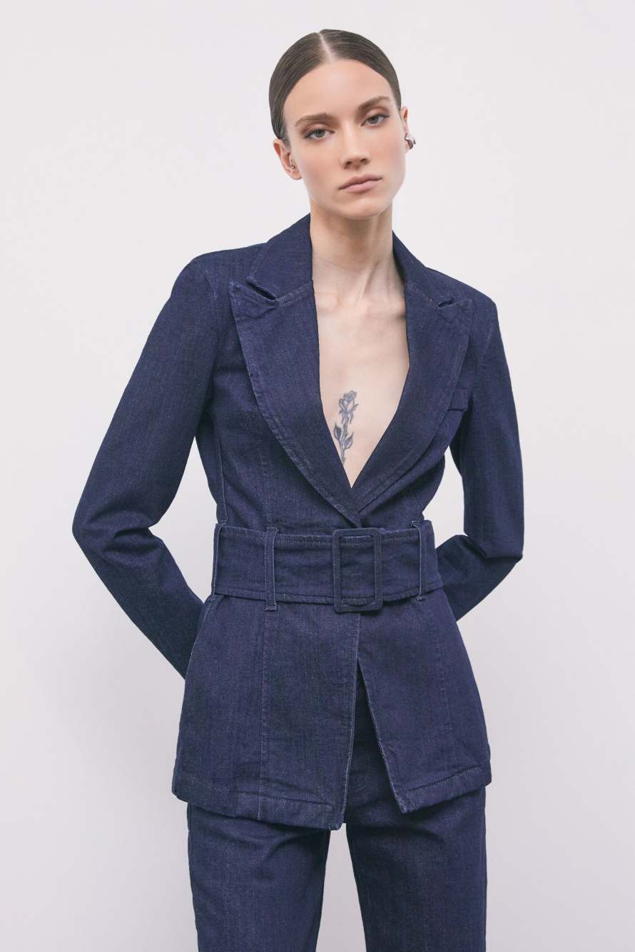 Denim blazer with fabric-buckle belt, Blue, Patrizia Pepe