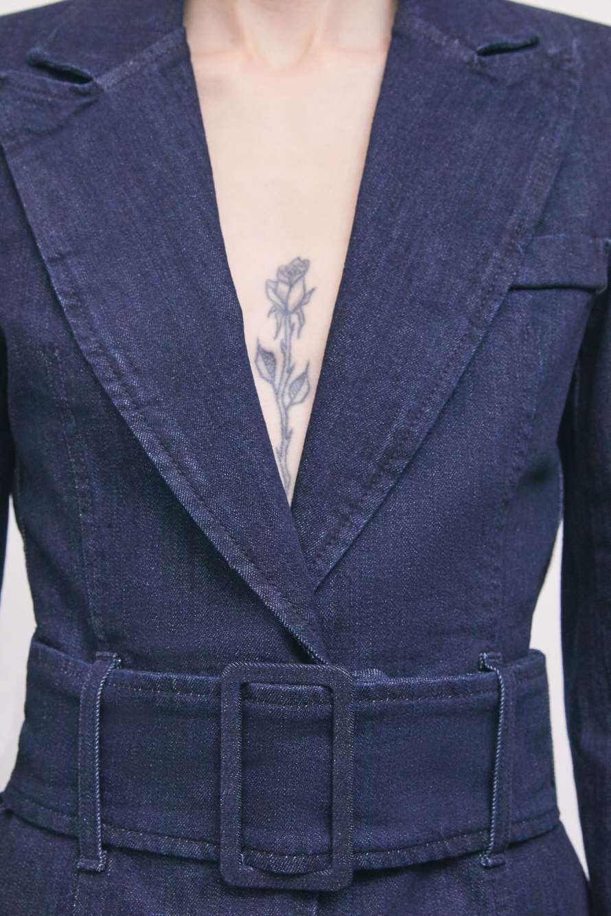 Denim blazer with fabric-buckle belt, Blue, Patrizia Pepe