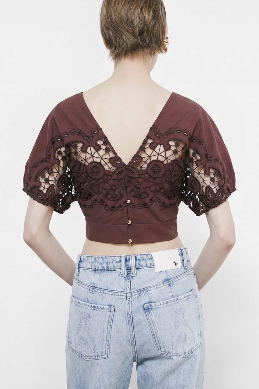 Cotton top with floral embroidery, Brown, Patrizia Pepe