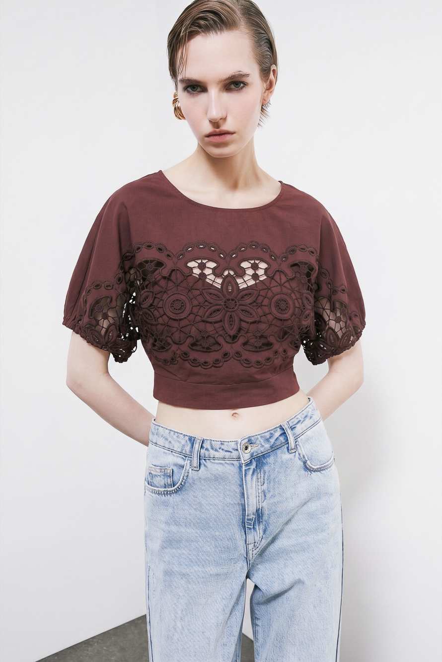 Cotton top with floral embroidery, Brown, Patrizia Pepe