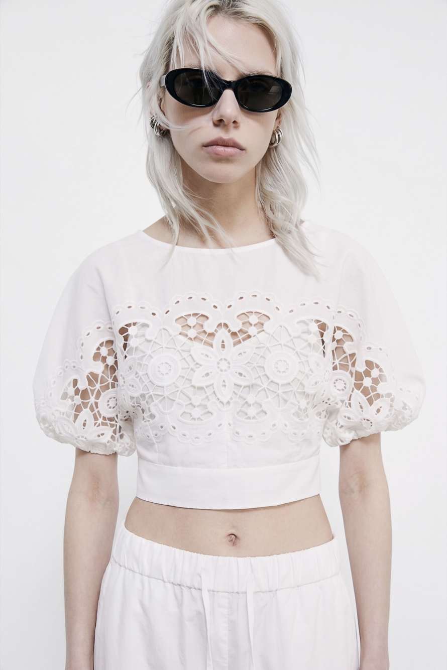 Cotton top with floral embroidery, White, Patrizia Pepe