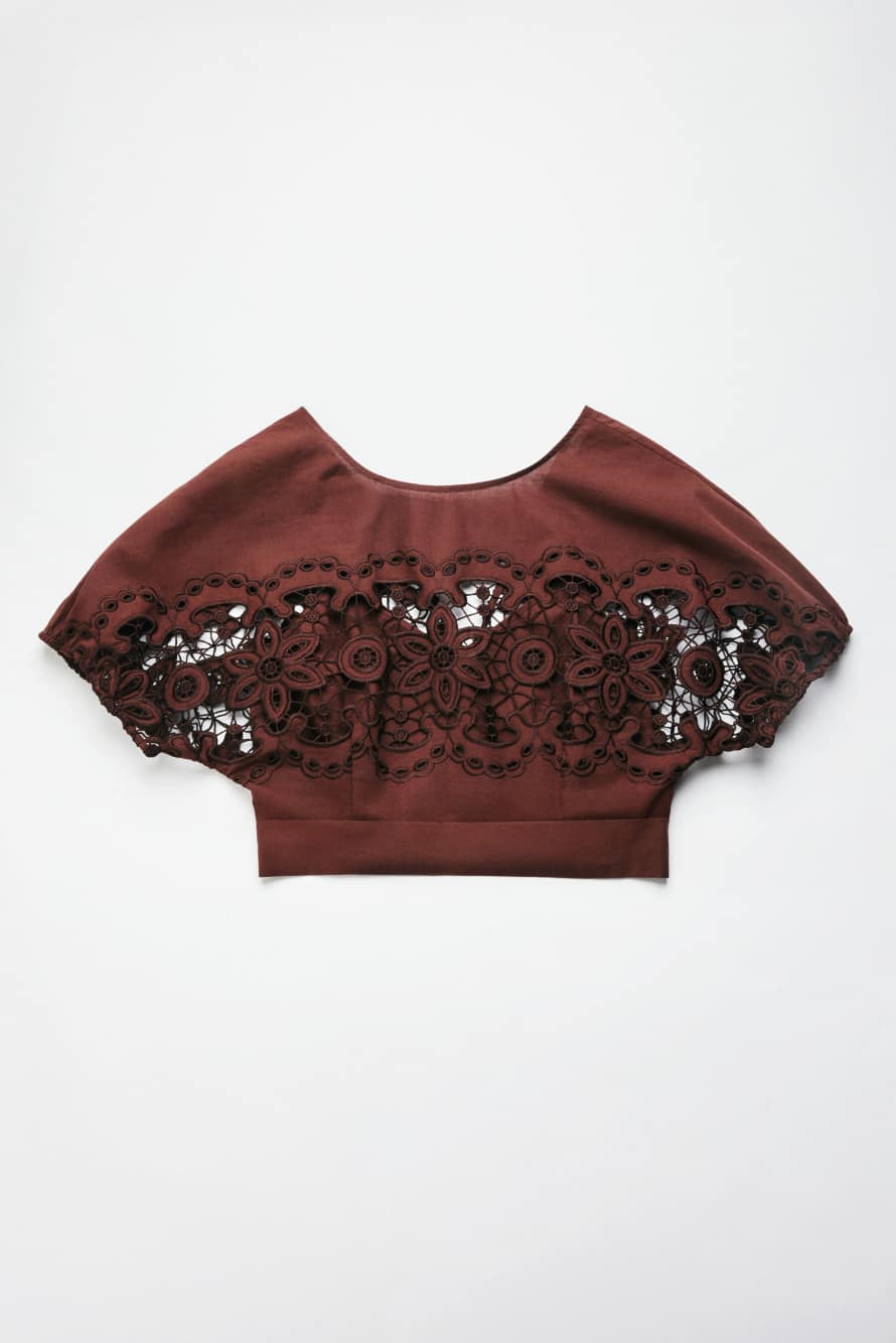 Cotton top with floral embroidery, Brown, Patrizia Pepe