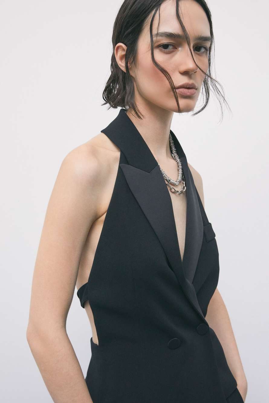 Weste im Smoking-Stil aus Cr&ecirc;pe mit Satin-Revers, Schwarz, Patrizia Pepe