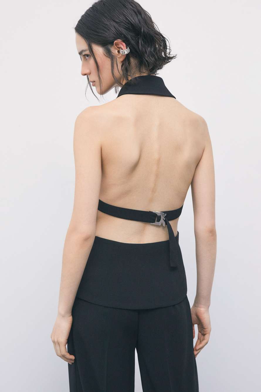 Weste im Smoking-Stil aus Cr&ecirc;pe mit Satin-Revers, Schwarz, Patrizia Pepe