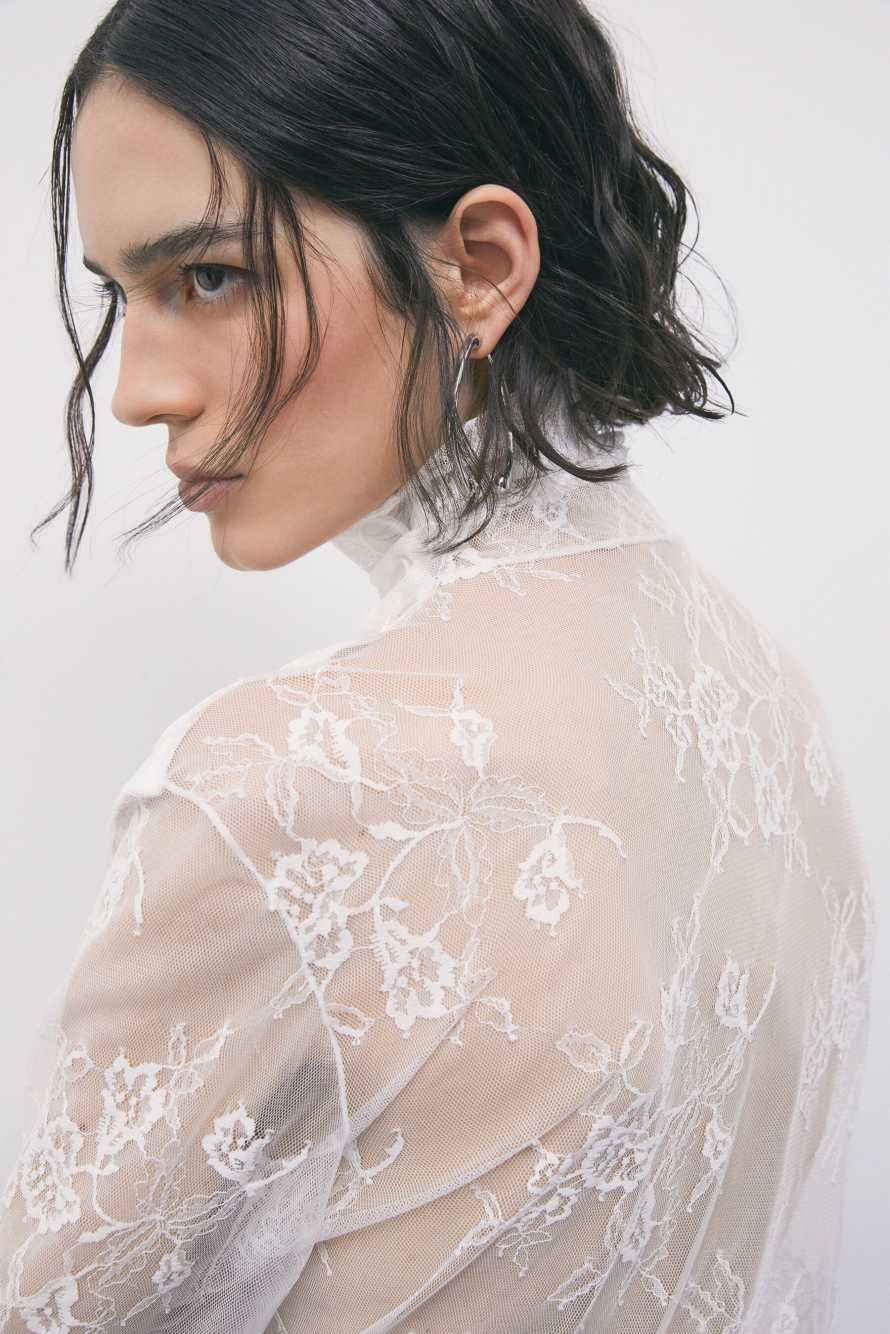 Top in pizzo a collo alto, Bianco, Patrizia Pepe