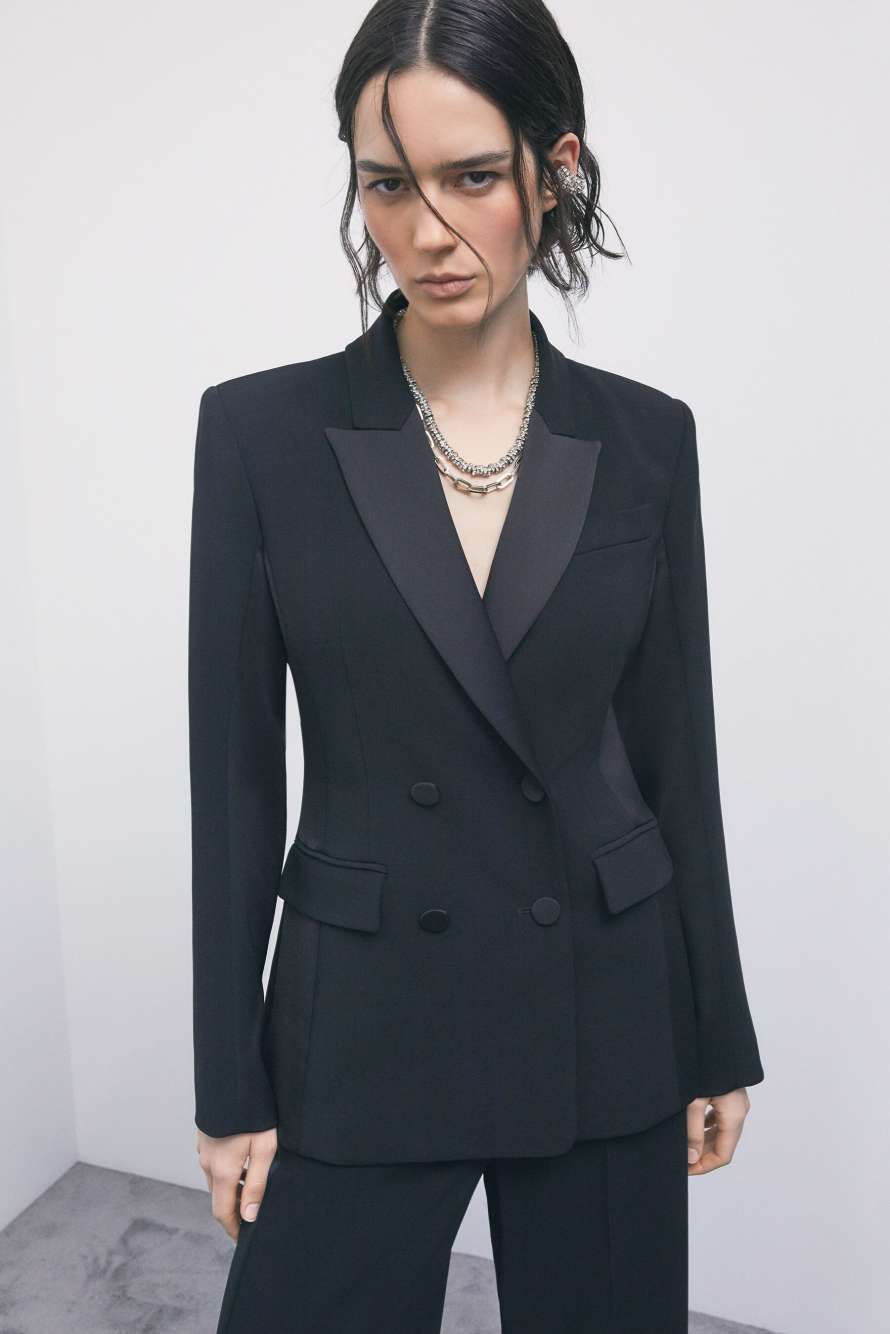 Color-block double-breasted cr&ecirc;pe blazer, Black, Patrizia Pepe