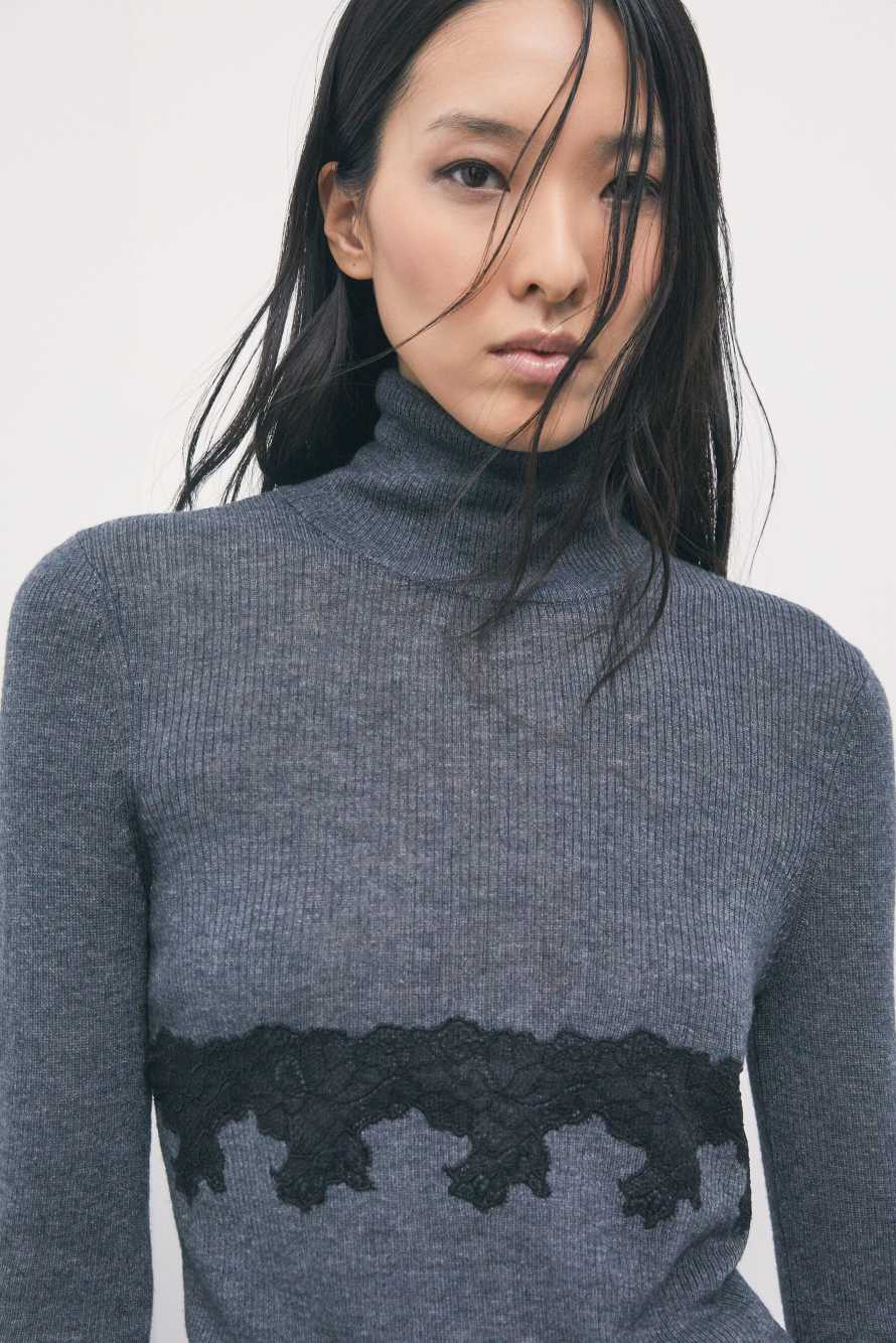 Turtleneck jumper with lace details, Grey, Patrizia Pepe