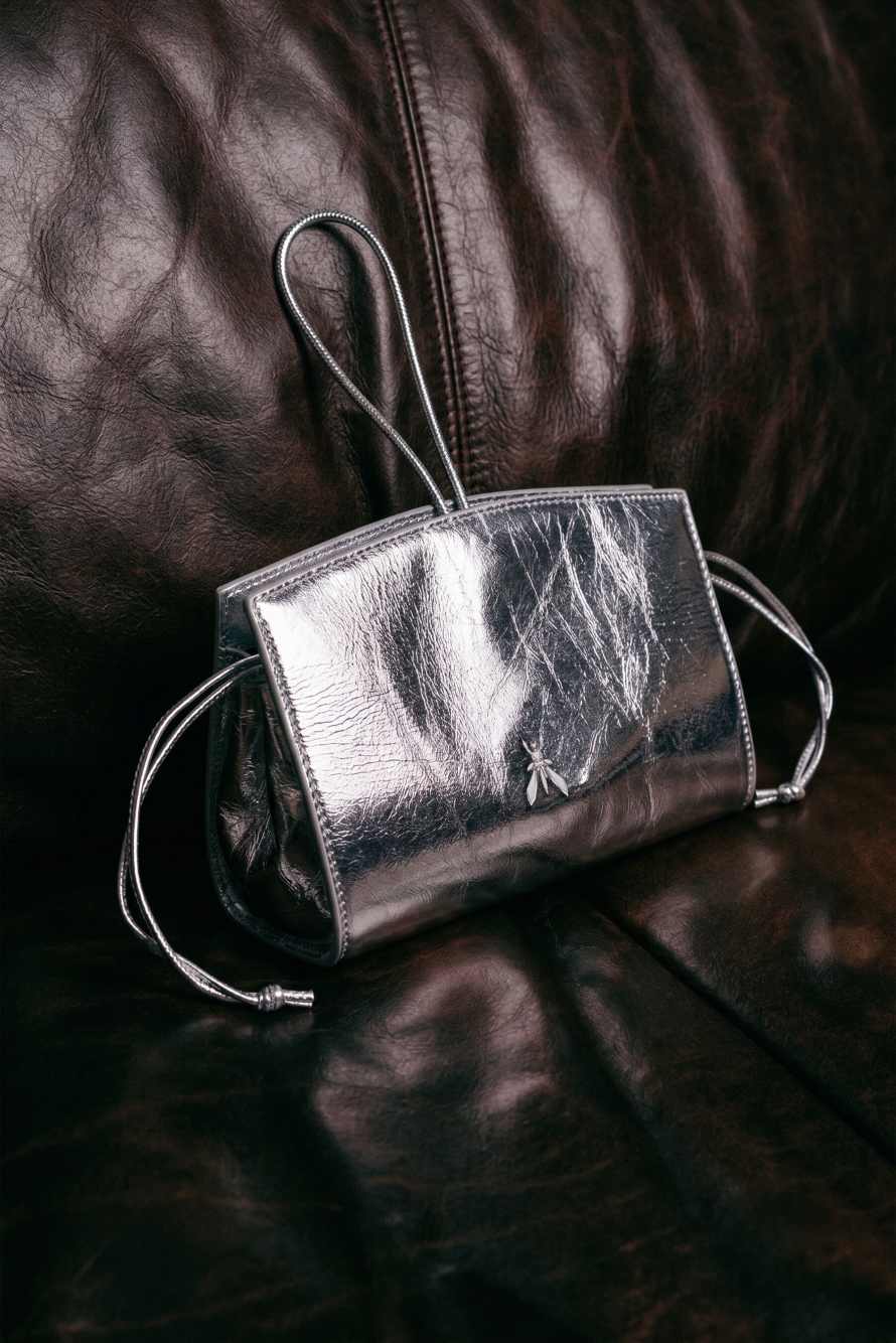 Mini laminated leather clutch, Silver, Patrizia Pepe