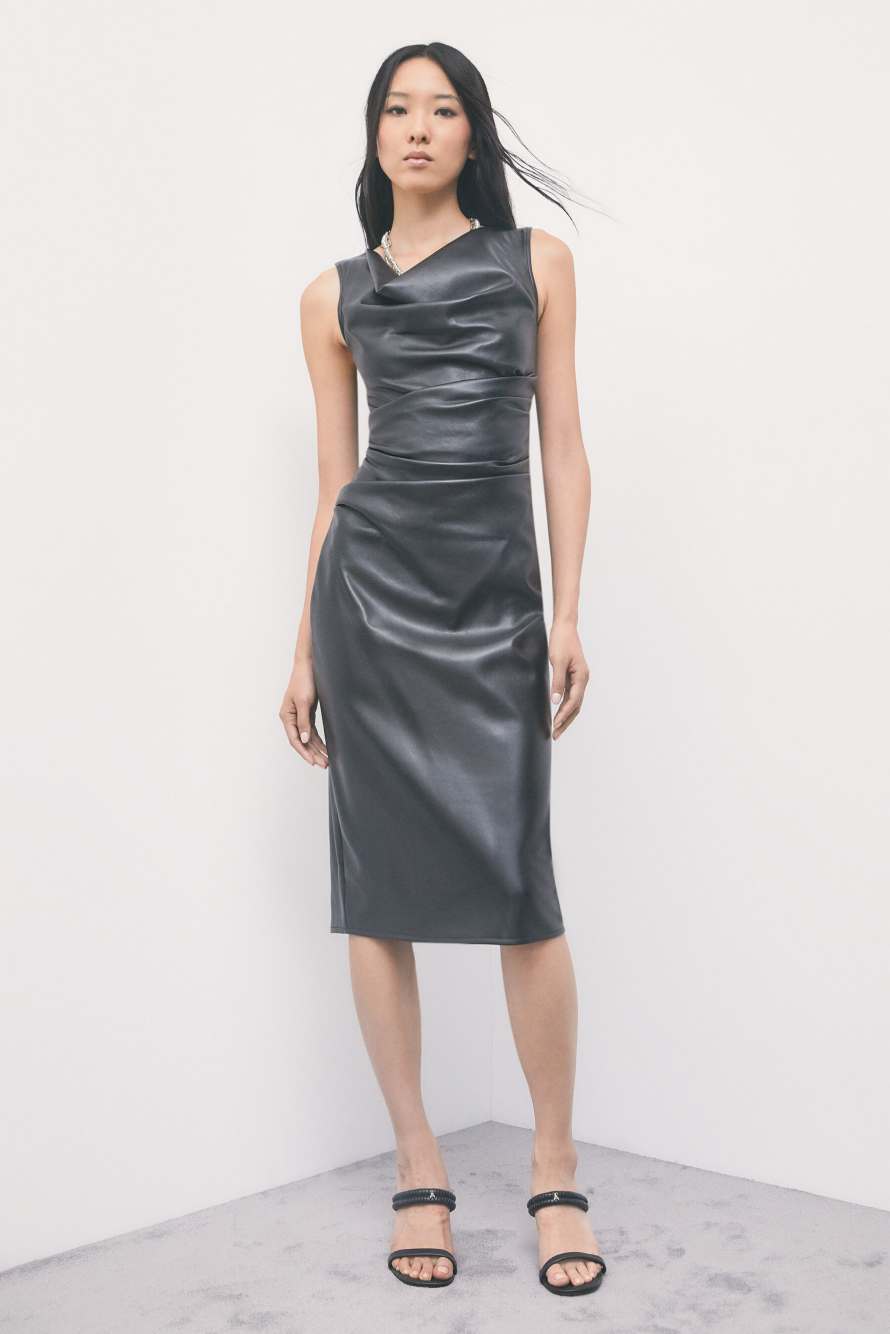 Draped midi dress in coated fabric, Black, Patrizia Pepe