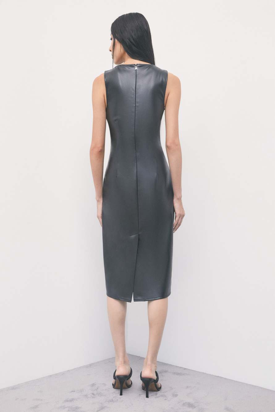 Draped midi dress in coated fabric, Black, Patrizia Pepe