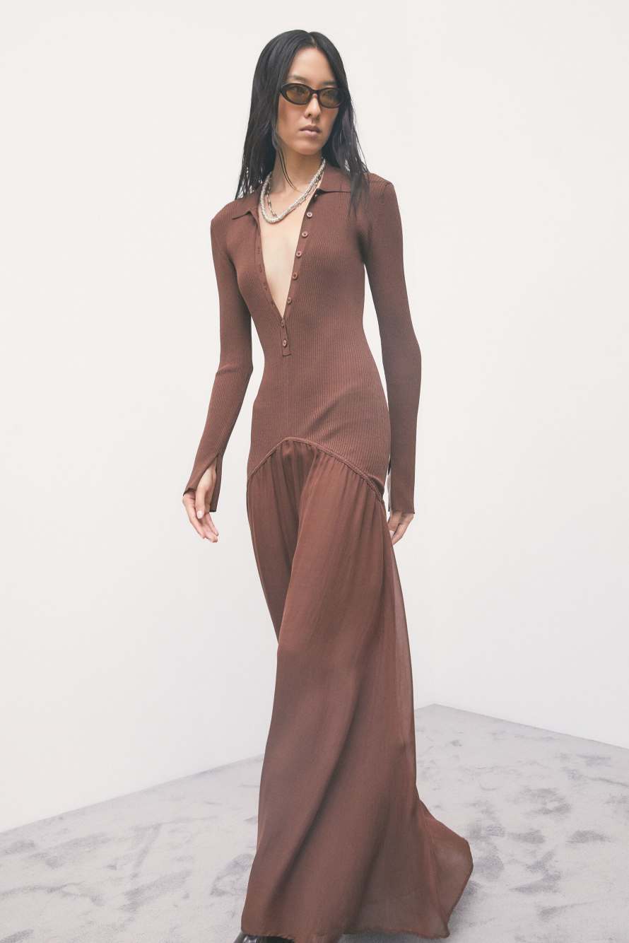 Long knit dress with fluid skirt, Brown, Patrizia Pepe