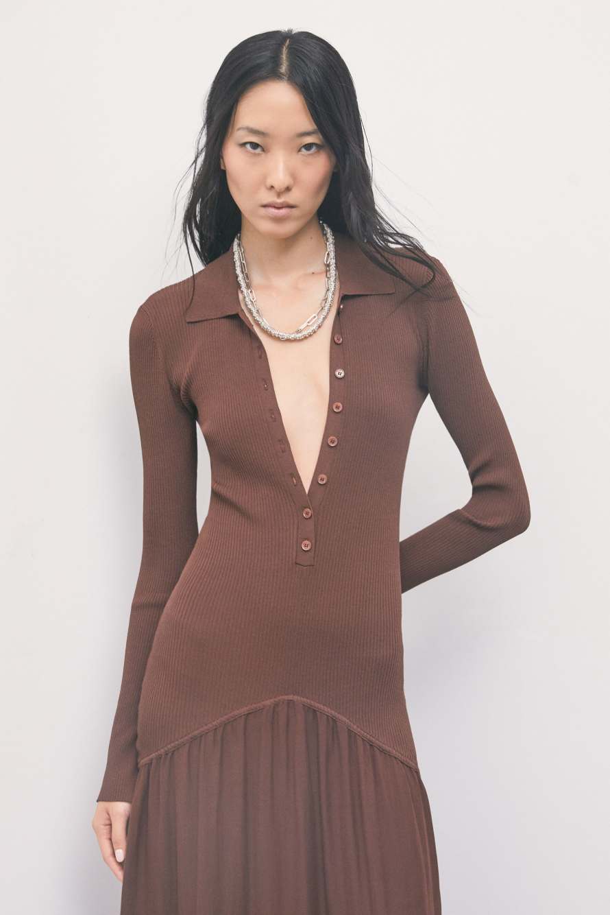 Long knit dress with fluid skirt, Brown, Patrizia Pepe