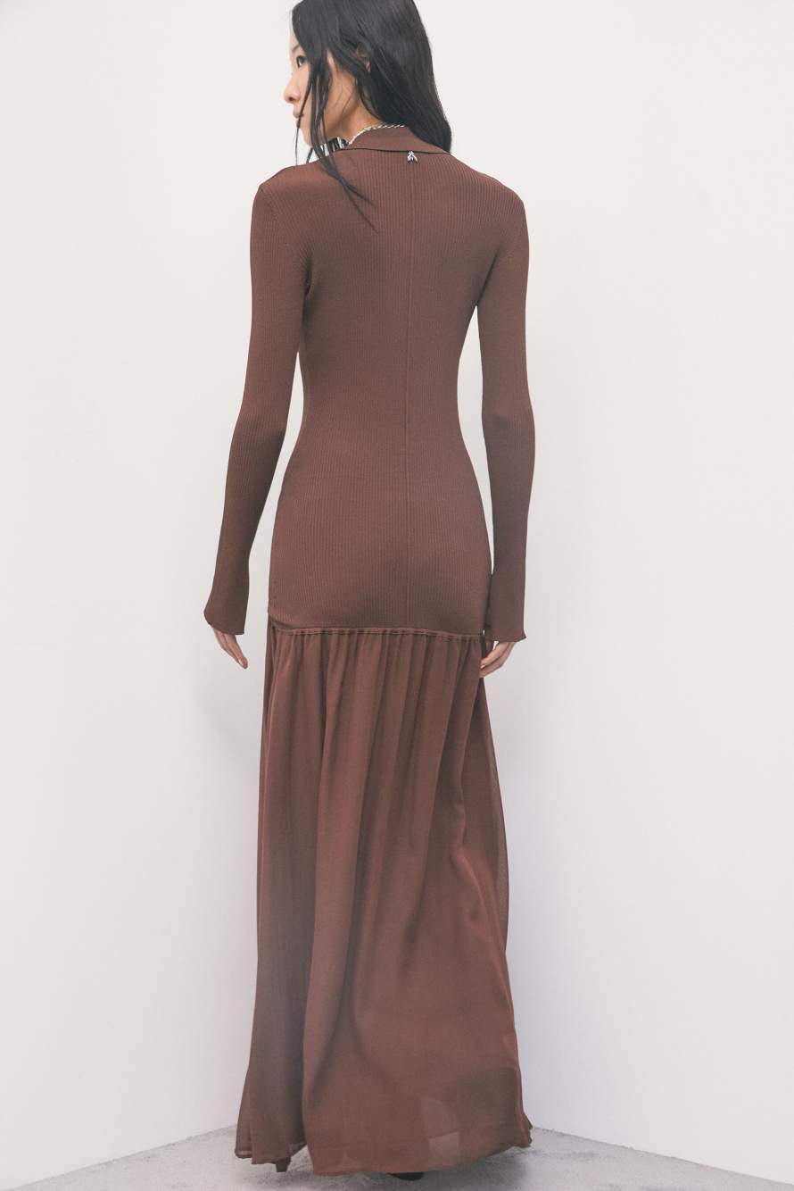 Long knit dress with fluid skirt, Brown, Patrizia Pepe
