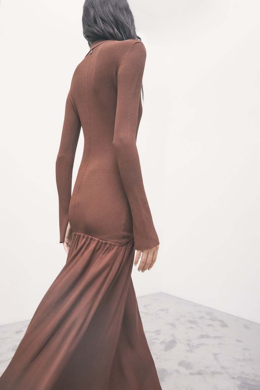 Long knit dress with fluid skirt, Brown, Patrizia Pepe