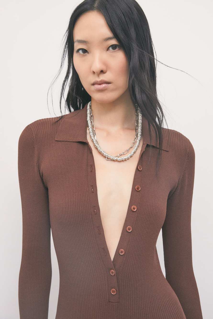 Long knit dress with fluid skirt, Brown, Patrizia Pepe