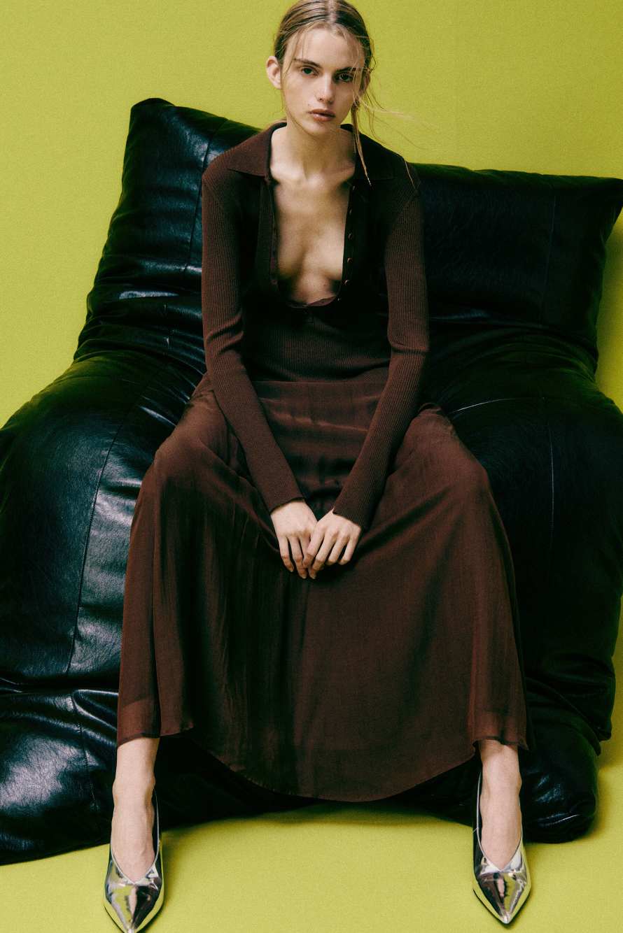 Long knit dress with fluid skirt, Brown, Patrizia Pepe