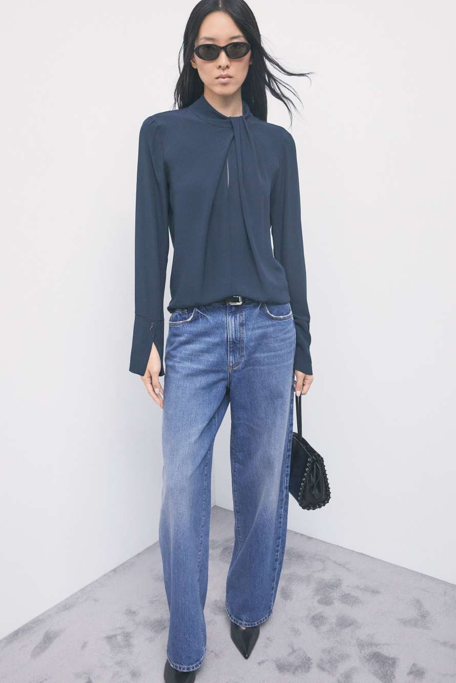Fluid viscose blouse with draped collar, Blue, Patrizia Pepe