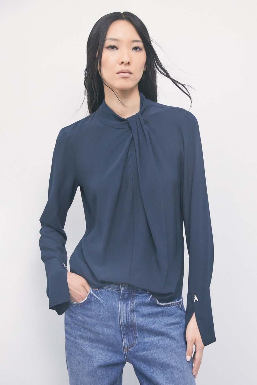 Fluid viscose blouse with draped collar, Blue, Patrizia Pepe