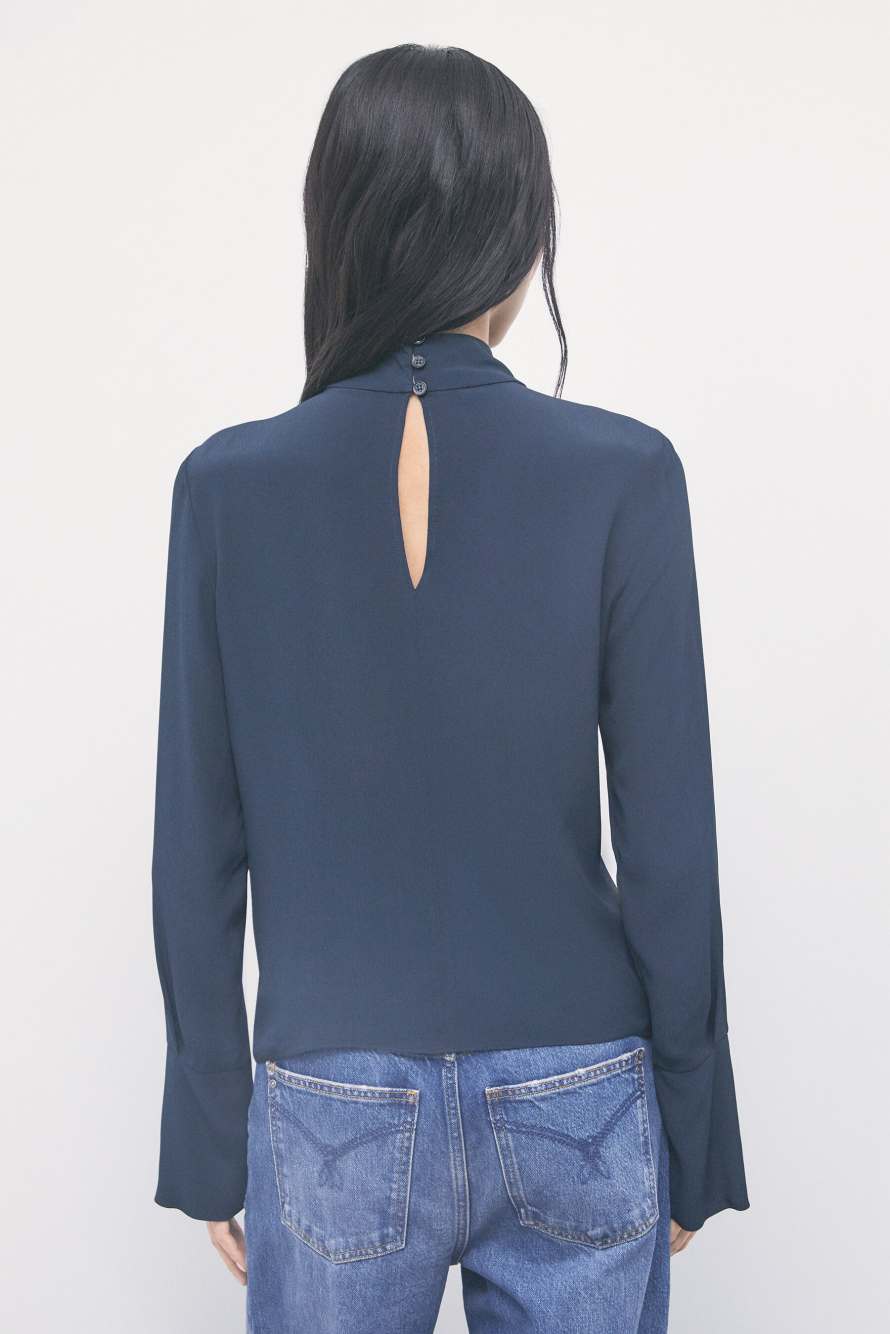 Fluid viscose blouse with draped collar, Blue, Patrizia Pepe
