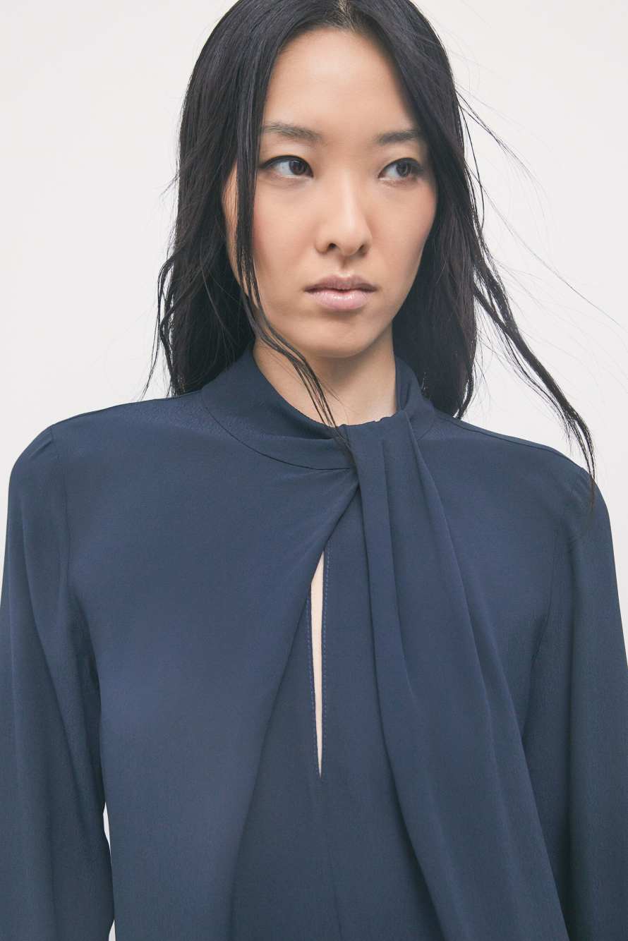 Fluid viscose blouse with draped collar, Blue, Patrizia Pepe