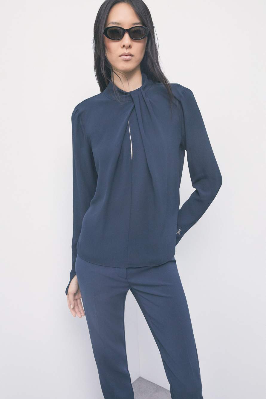 Fluid viscose blouse with draped collar, Blue, Patrizia Pepe