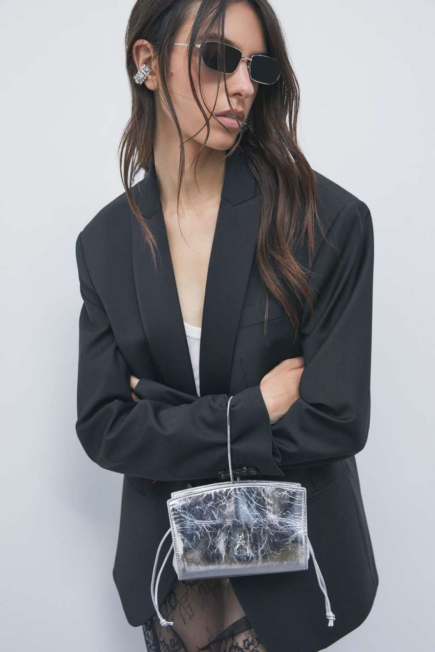 Mini laminated leather clutch, Silver, Patrizia Pepe