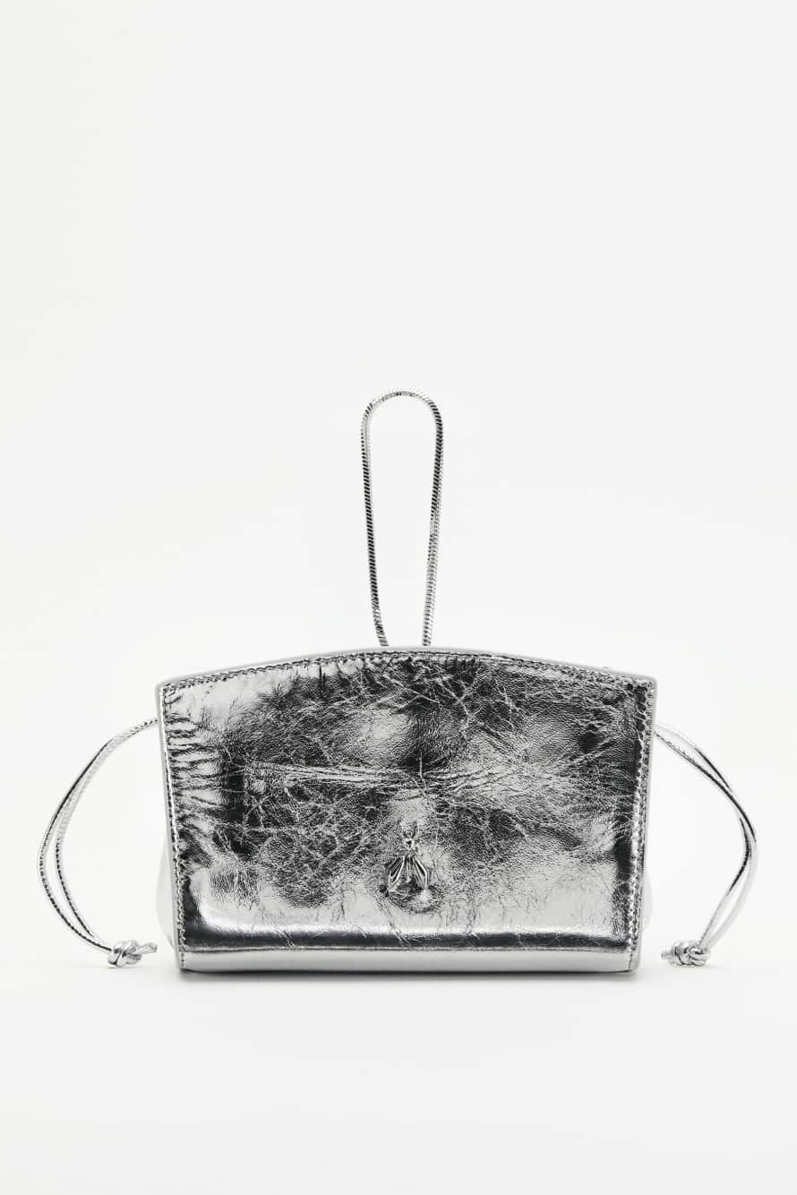 Mini laminated leather clutch, Silver, Patrizia Pepe
