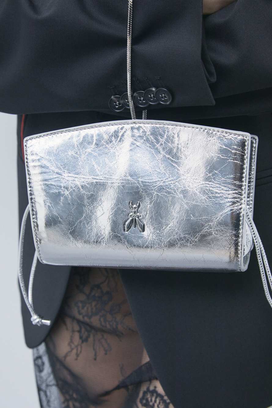 Mini laminated leather clutch, Silver, Patrizia Pepe