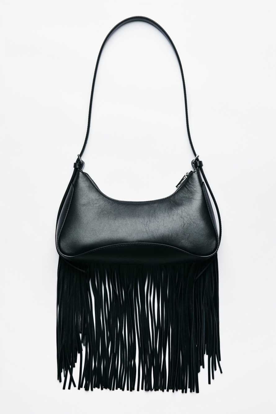 Leather shoulder bag with fringes, Black, Patrizia Pepe