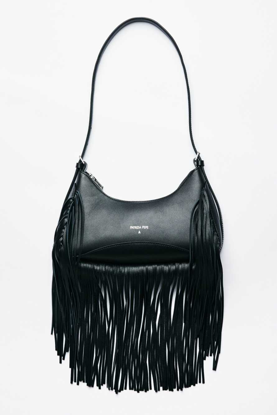 Leather shoulder bag with fringes, Black, Patrizia Pepe