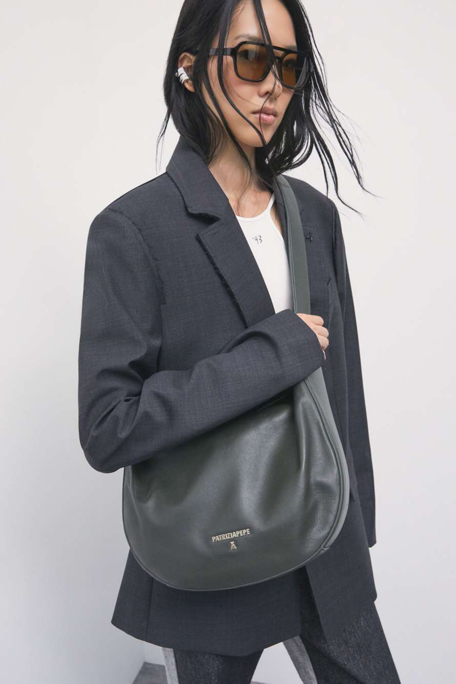 Large New Moon leather bag with shoulder strap, Green, Patrizia Pepe