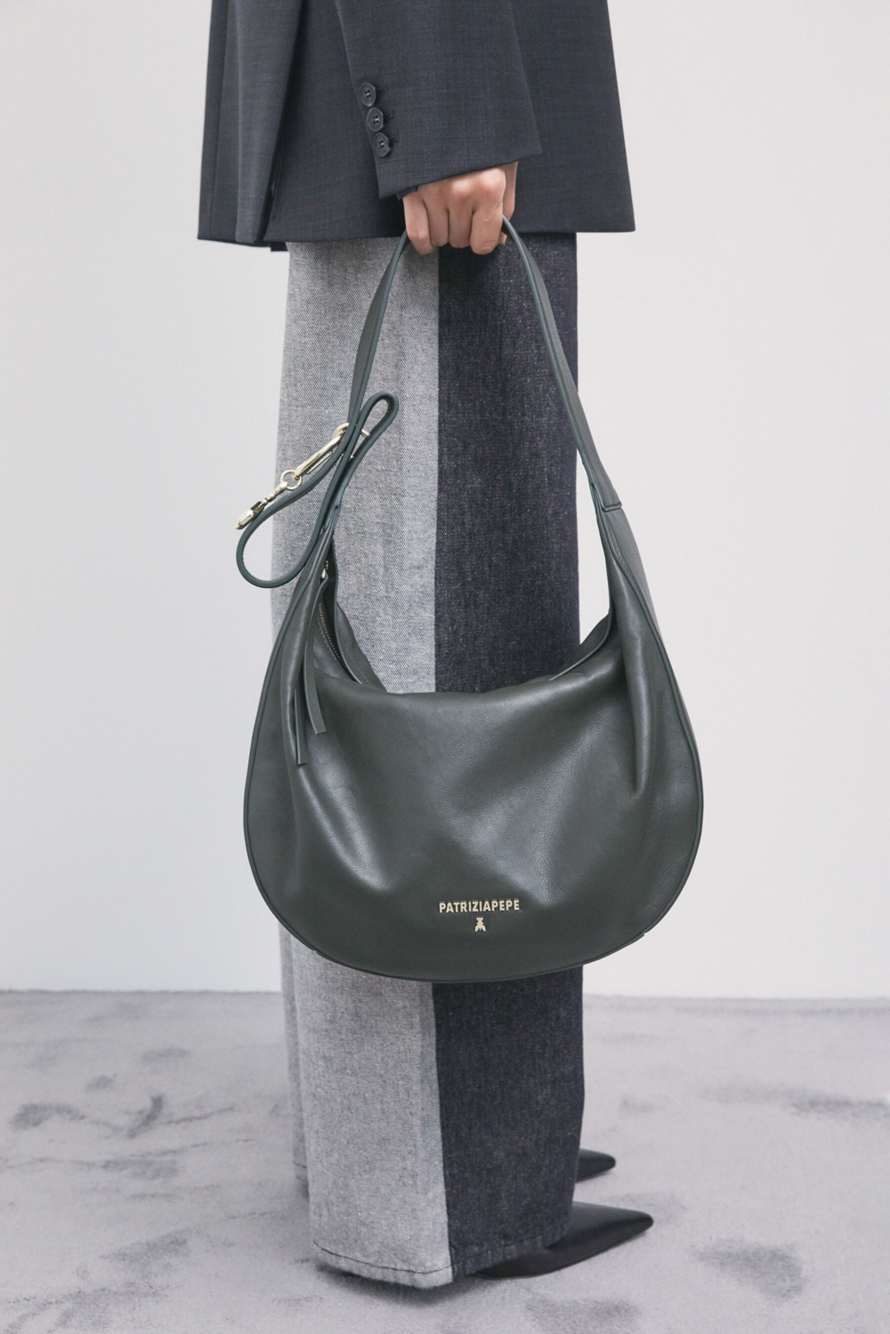 Large New Moon leather bag with shoulder strap, Green, Patrizia Pepe