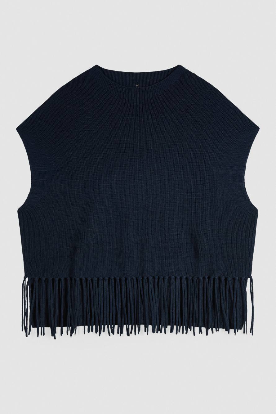 Wool poncho with fringes, Blue, Patrizia Pepe