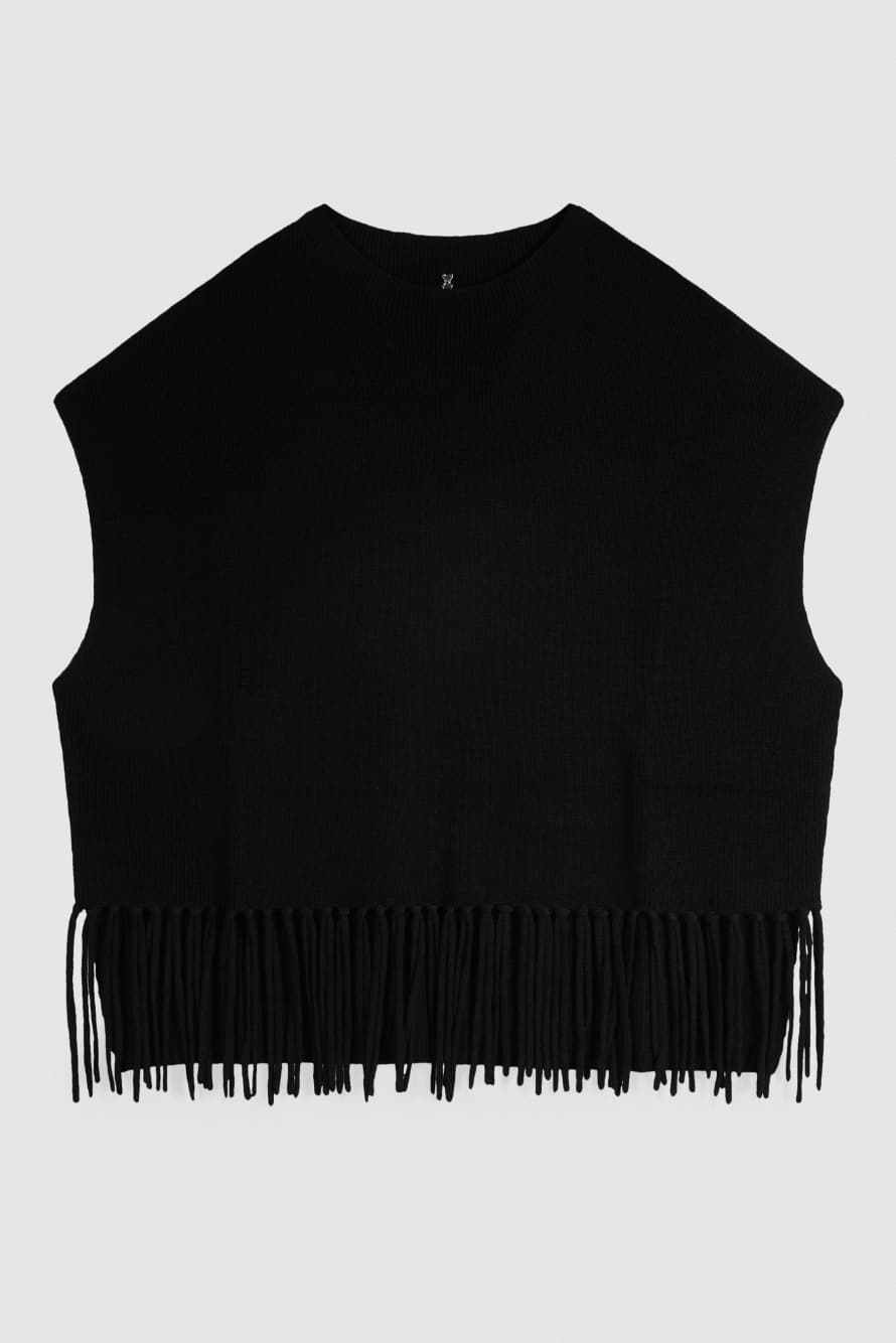 Wool poncho with fringes, Black, Patrizia Pepe