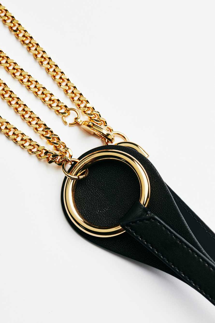 High-waist leather belt with chain, Black, Patrizia Pepe