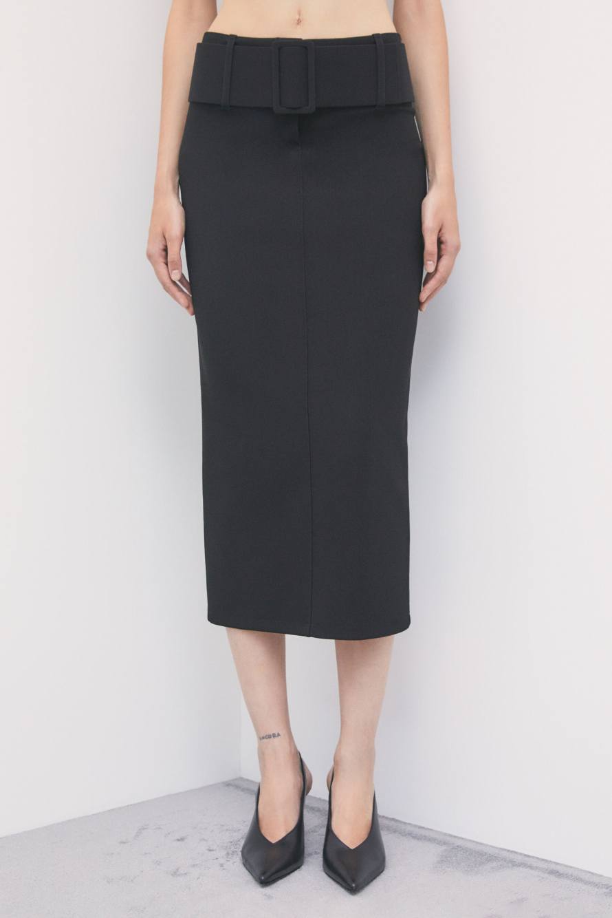 Belted midi skirt, Black, Patrizia Pepe