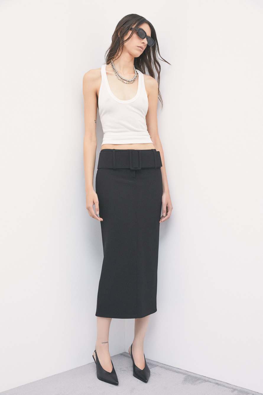 Belted midi skirt, Black, Patrizia Pepe