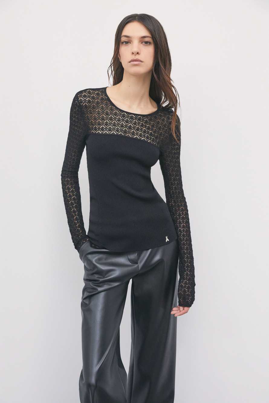 Slim-fit lace-effect jumper, Black, Patrizia Pepe