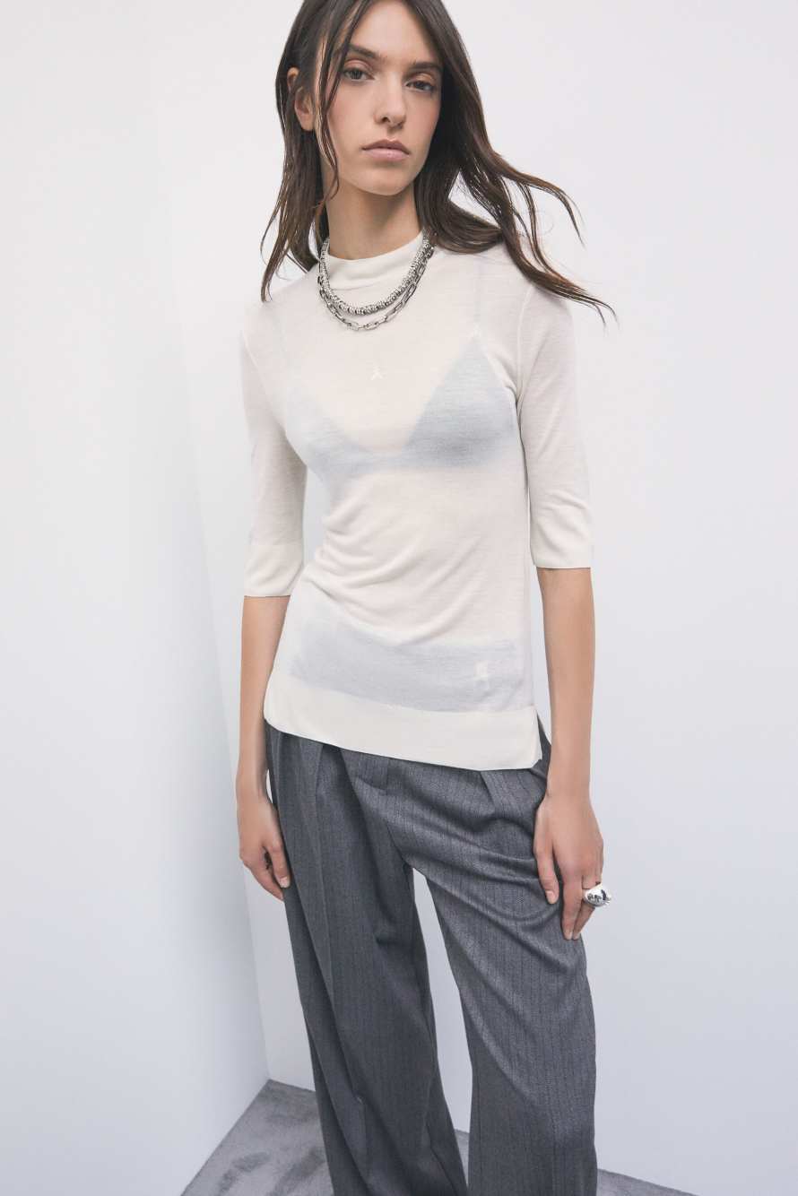 T-shirt in maglia leggera a collo alto, Grigio, Patrizia Pepe