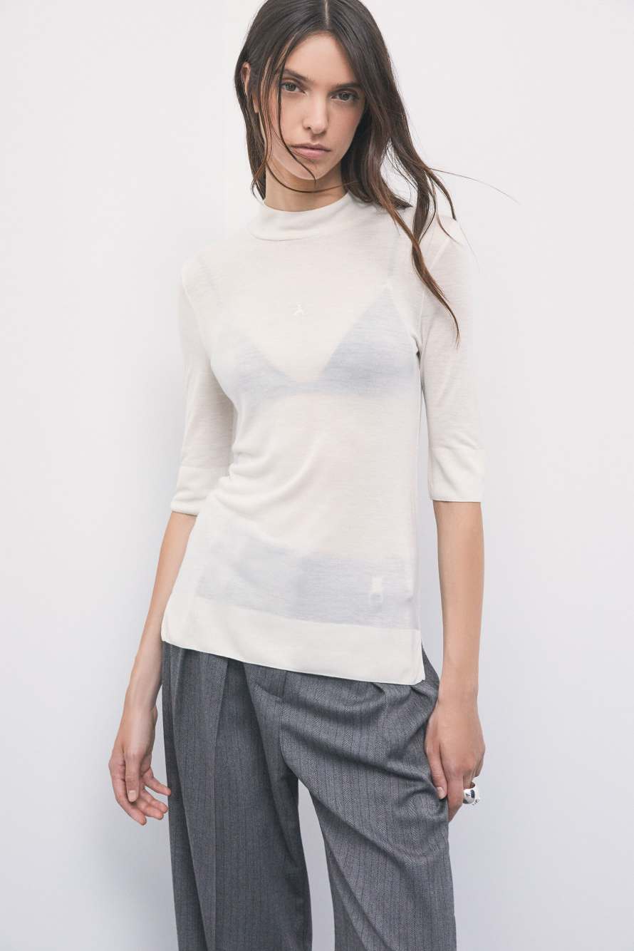 T-shirt in maglia leggera a collo alto, Grigio, Patrizia Pepe