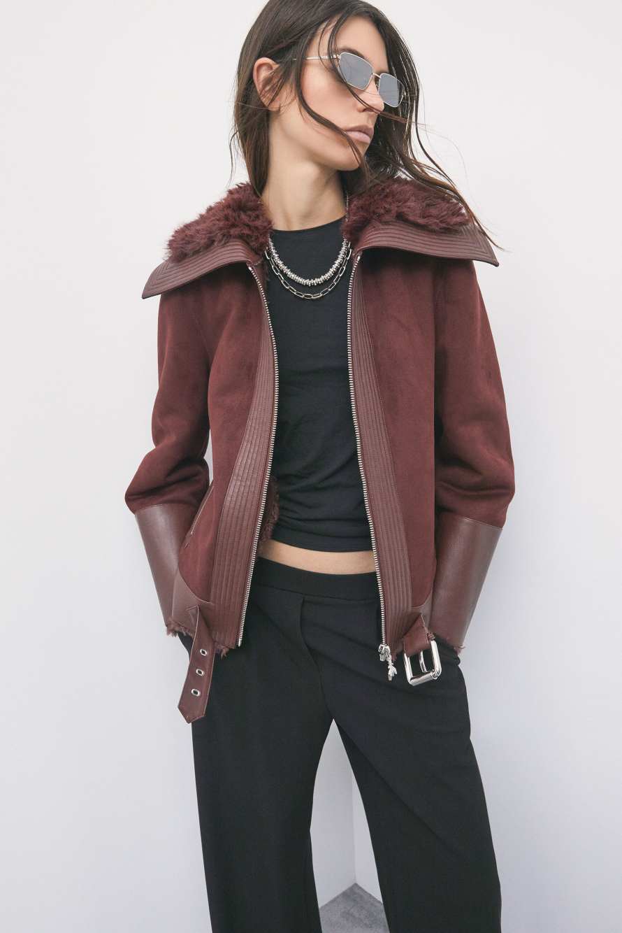 Biker jacket with fluffy details, Brown, Patrizia Pepe
