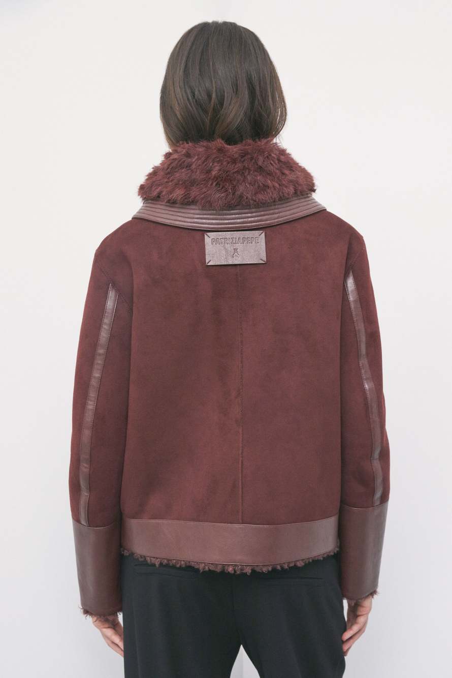 Biker jacket with fluffy details, Brown, Patrizia Pepe