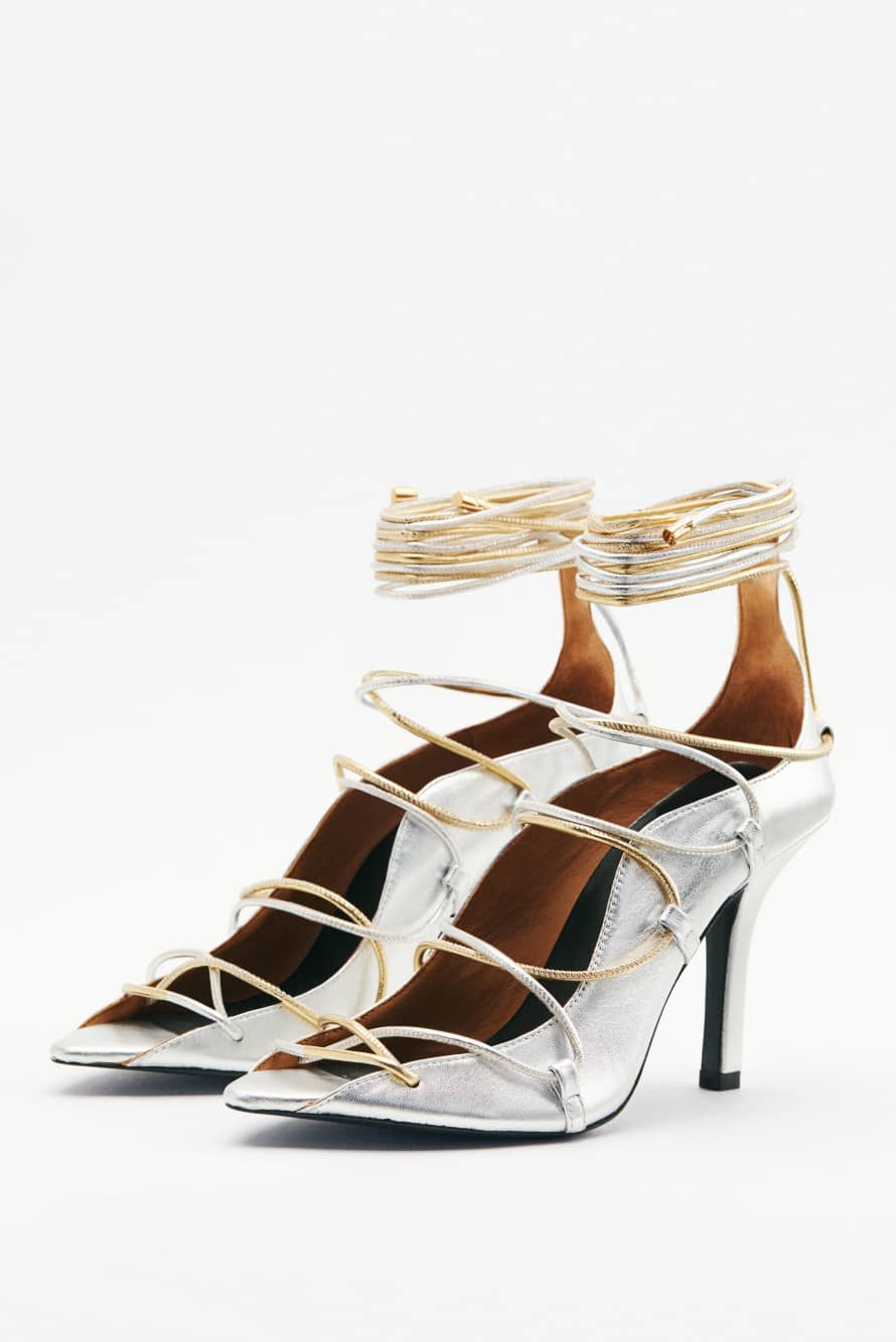 Laminated leather woven sandals with heel, Silver/Gold, Patrizia Pepe