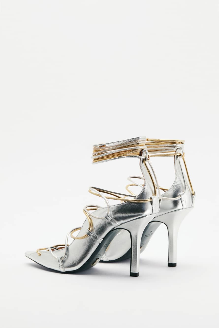 Laminated leather woven sandals with heel, Silver/Gold, Patrizia Pepe