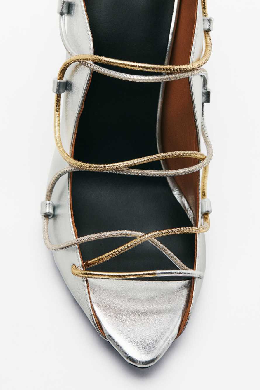 Laminated leather woven sandals with heel, Silver/Gold, Patrizia Pepe