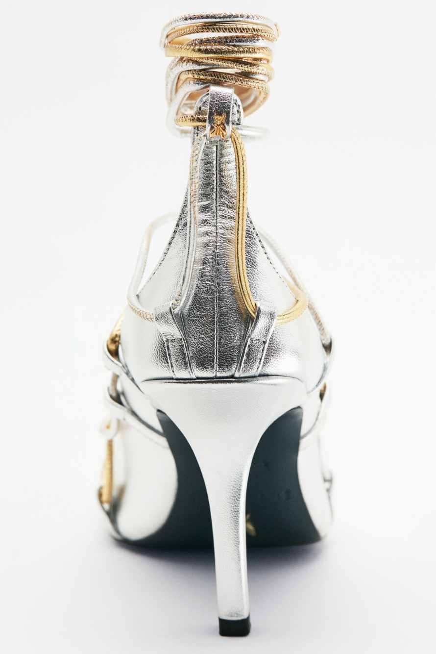 Laminated leather woven sandals with heel, Silver/Gold, Patrizia Pepe