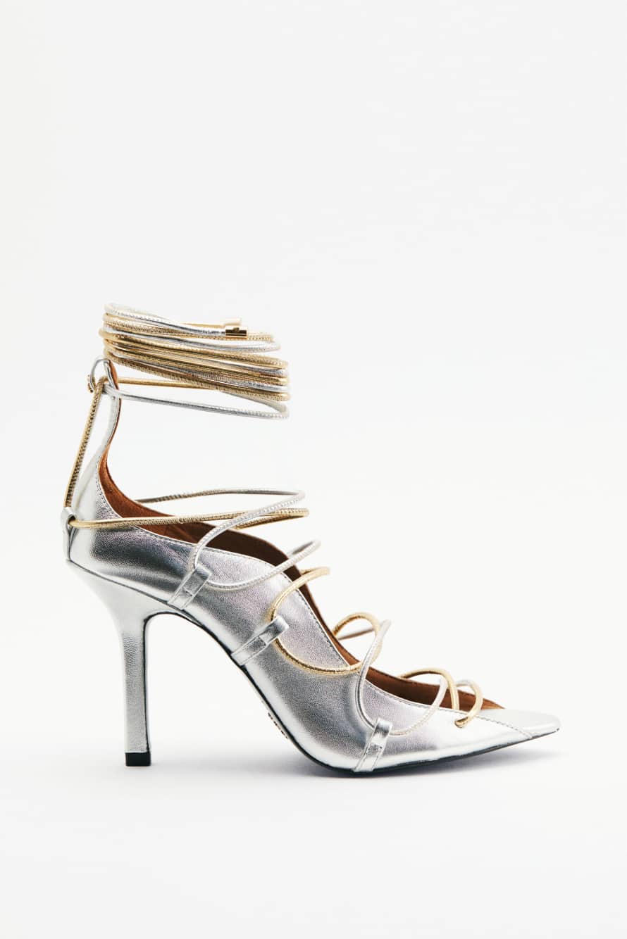 Laminated leather woven sandals with heel, Silver/Gold, Patrizia Pepe