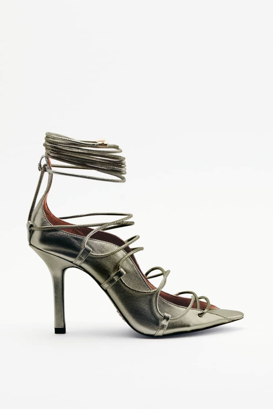 Laminated leather woven sandals with heel, Green, Patrizia Pepe